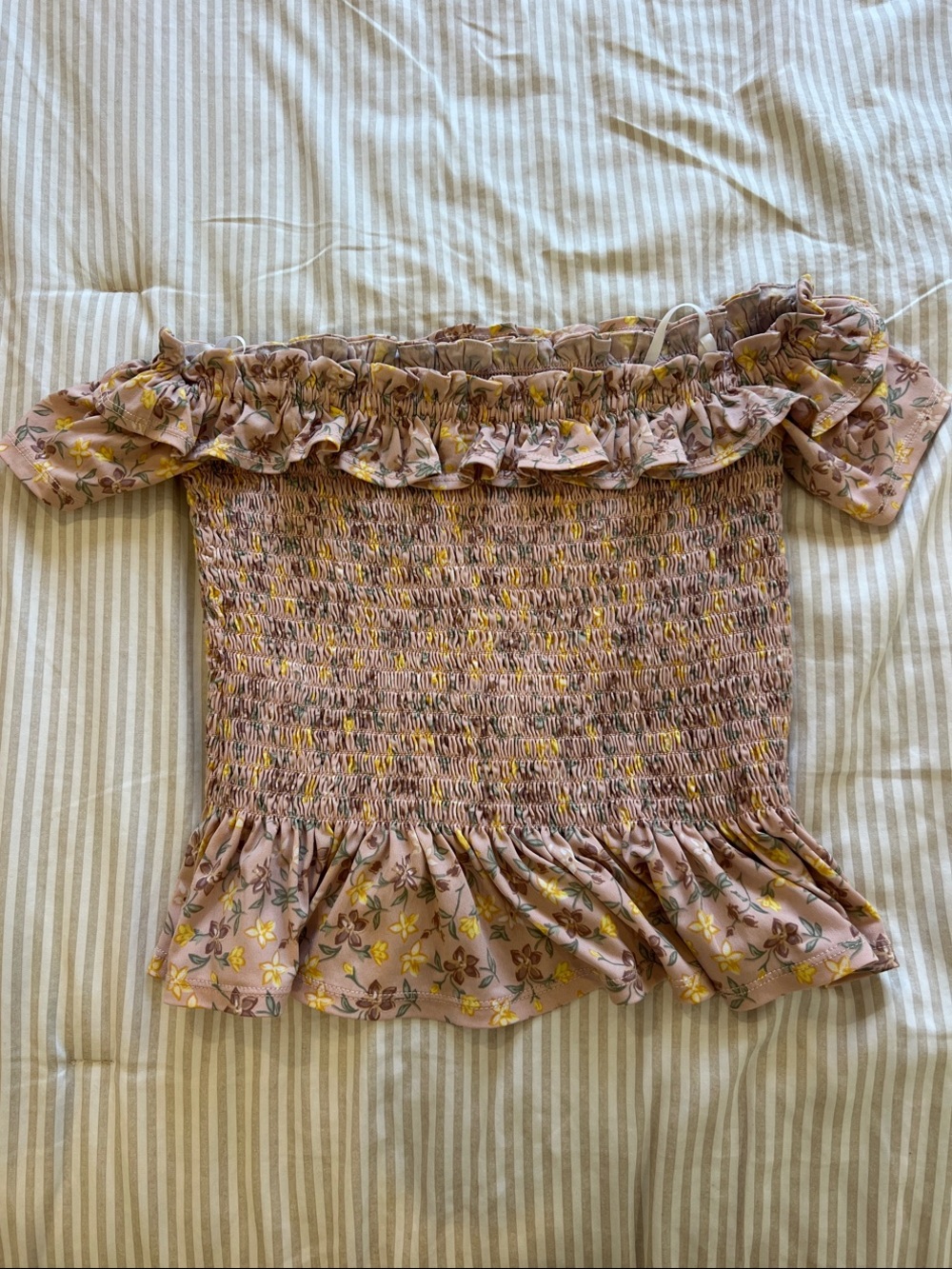 BCBGeneration Pink Floral Smocked Off-Shoulder Crop Top